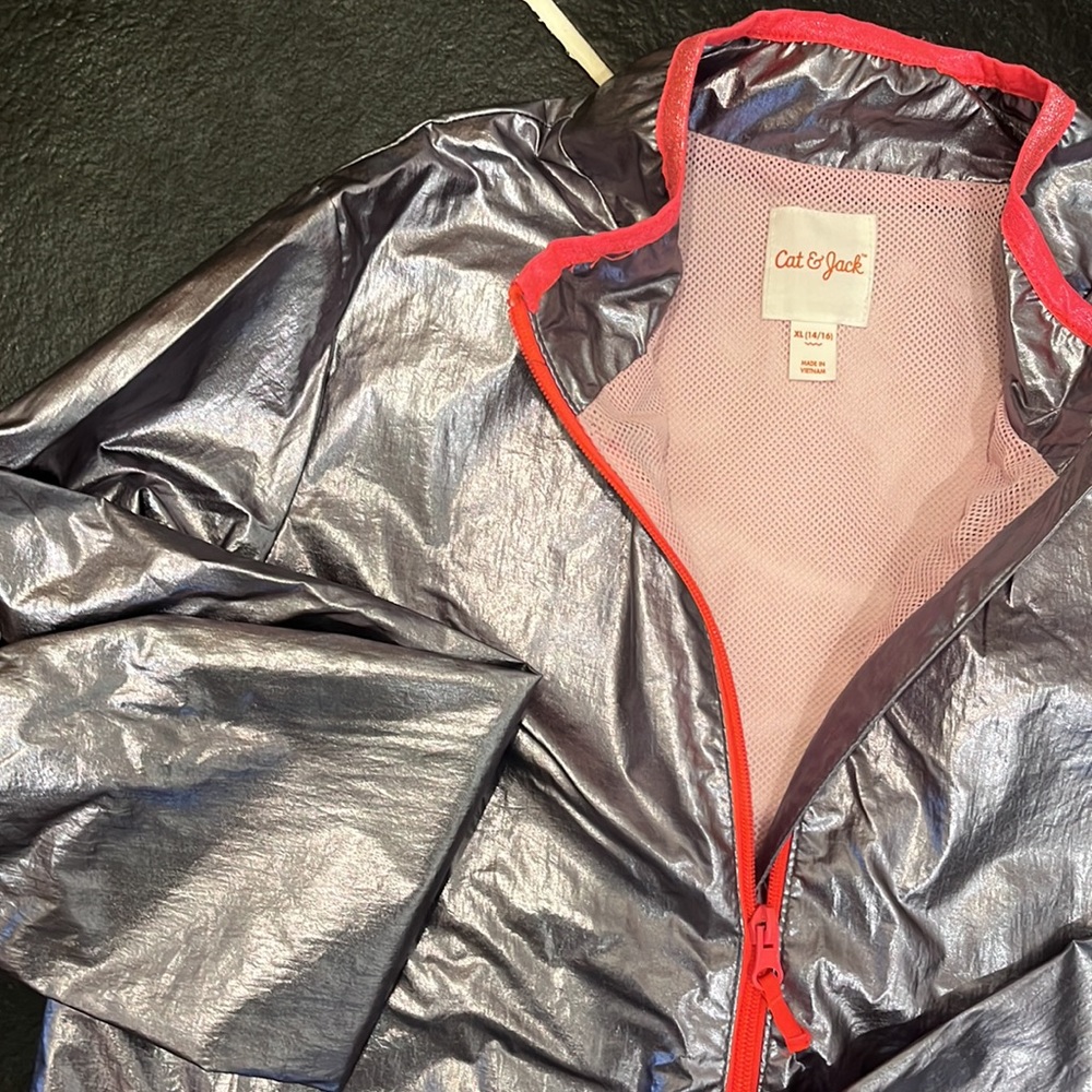 Shiny silver with fluorescent pink detailed raincoat